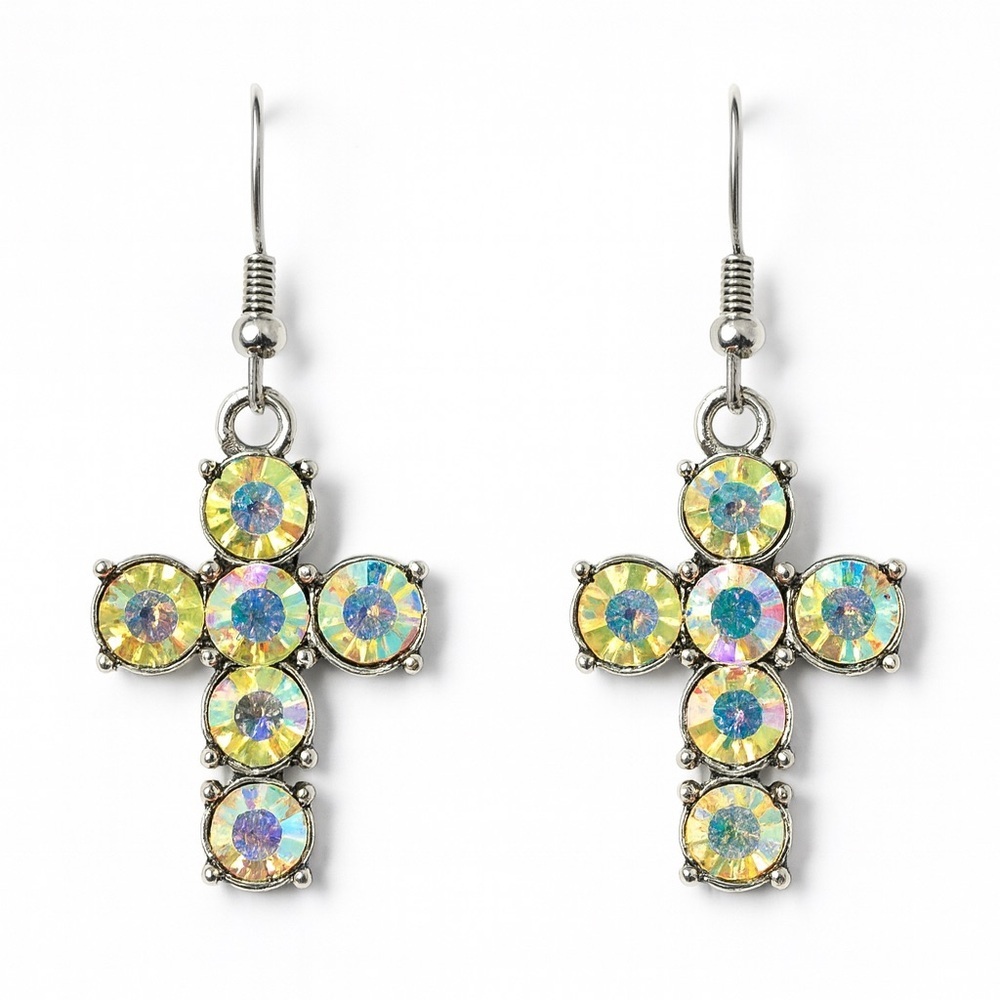 ⚜️ Western Silver Cross Earrings with Iridescent Stones
